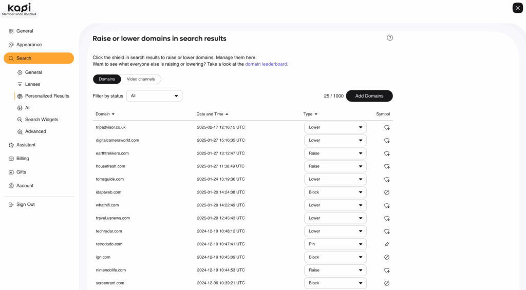 raise or lower domains on Kagi